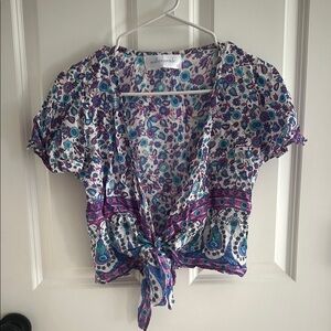 Blue and Purple Tie Front Blouse with Short Sleeves